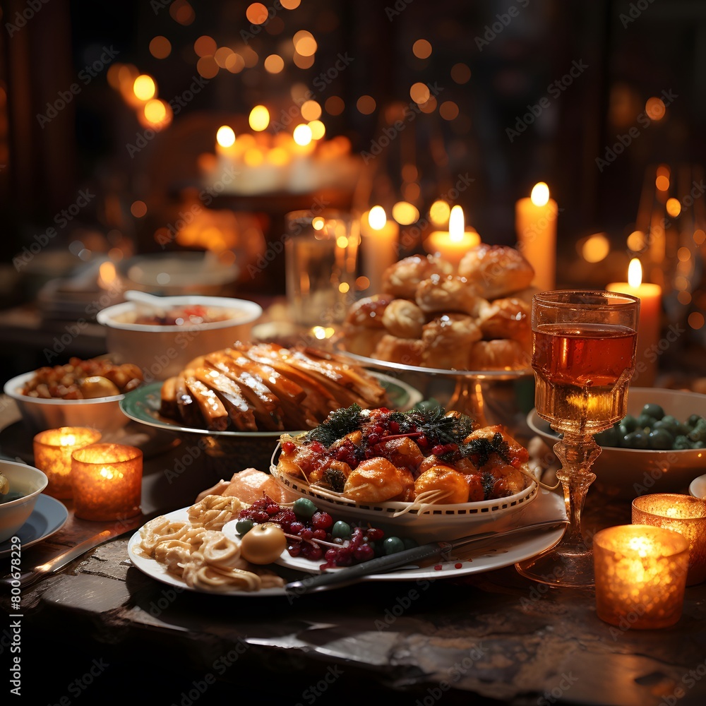 Festive table with food and wine in the dark. Selective focus.