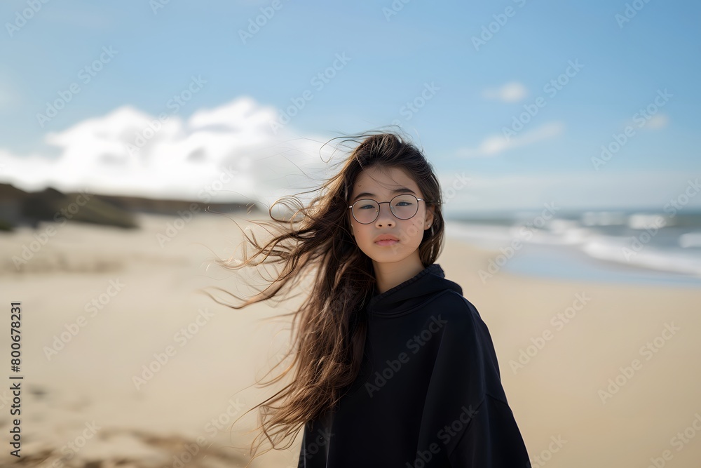 A woman with glasses standing on a beach A woman with glasses standing on a beach