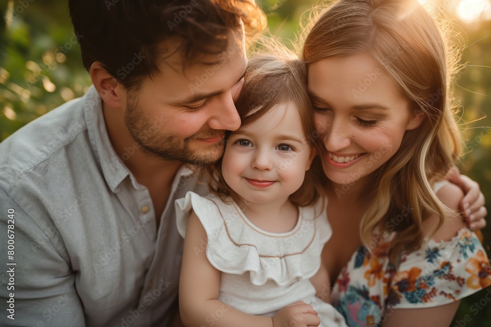 Beautiful young family with little daughter in the park at sunset. Beautiful young family with little daughter in the park at sunset.