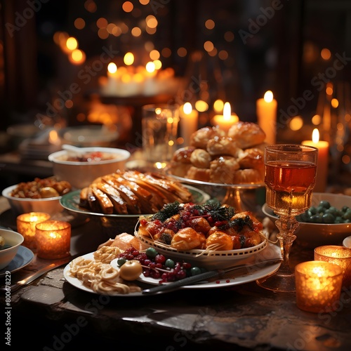 Festive table with food and wine in the dark. Selective focus.