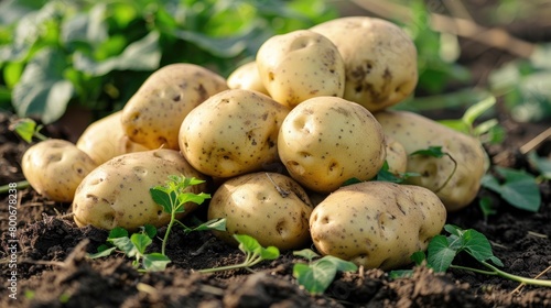 A pile of potatoes on the ground. The potatoes are all different sizes and are scattered around