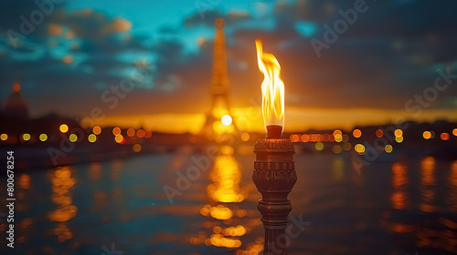 iconic Olympic flame burning bright against a blurred cityscape at dusk photo