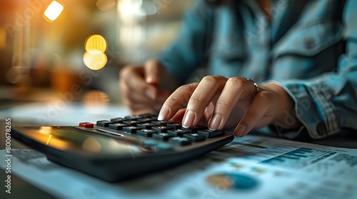 Calculating Finances: Close-Up of Hands on Calculator and Laptop