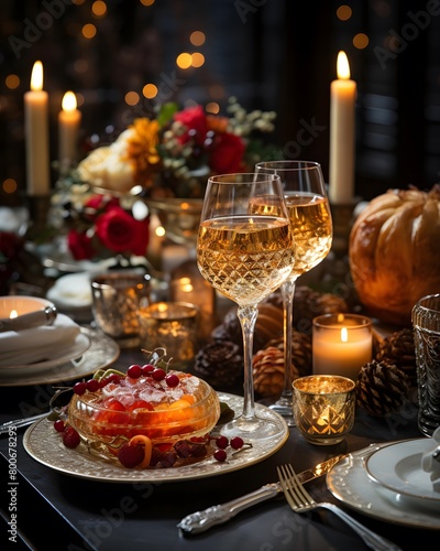 Festive table setting for Thanksgiving or Halloween dinner. Decorated with candles.