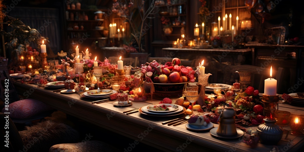 Festive table setting for Easter dinner in dark room with burning candles