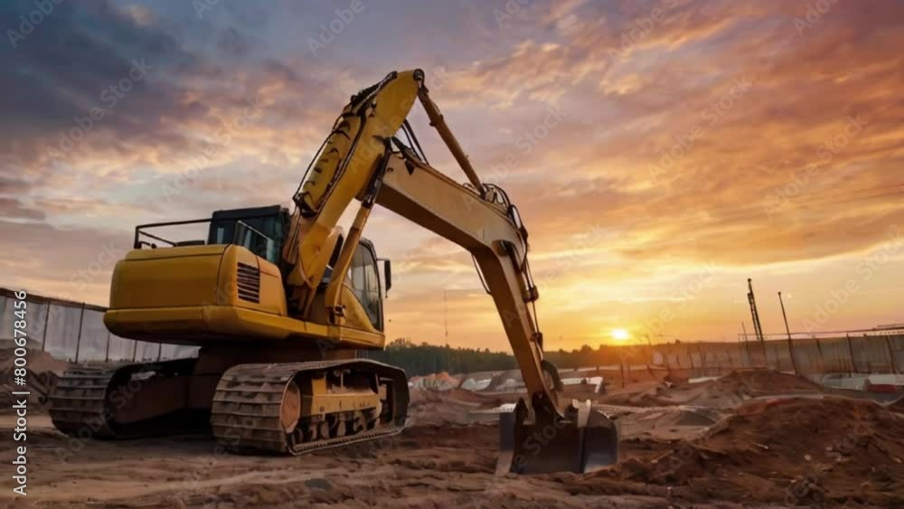 Excavator or digger at construction Site during sunset. Heavy industry created with generative ai. Excavator or digger at construction Site during sunset. Heavy industry created with generative ai.