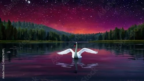 Crystal glass swan flying above the pond on night sky full of stars and half moon on the horizon,digital illustration created with generative ai. photo