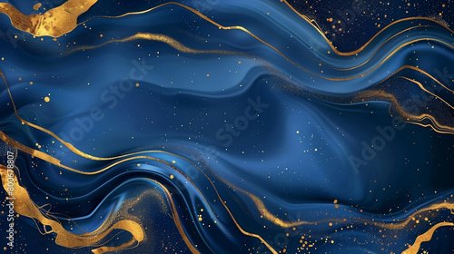 Dotted Line Drawing Vector Graphic Background - Golden Marble Lines on a Royal Blue Background with Gold Gilding Effect - Soft Splash Chemical Abstract Fluid Element with Organic Shapes