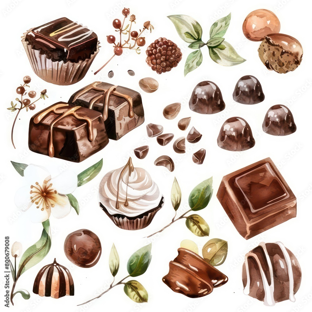 chocolate, caramel in white background with delicate and vivid watercolors chocolate, caramel in white background with delicate and vivid watercolors