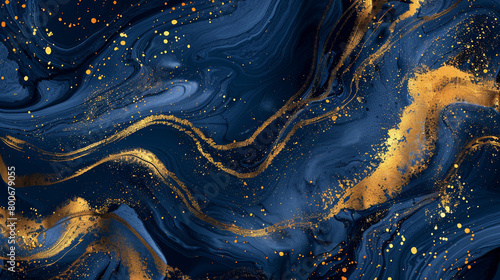 Dotted Line Drawing Vector Graphic Background - Golden Marble Lines on a Royal Blue Background with Gold Gilding Effect - Soft Splash Chemical Abstract Fluid Element with Organic Shapes