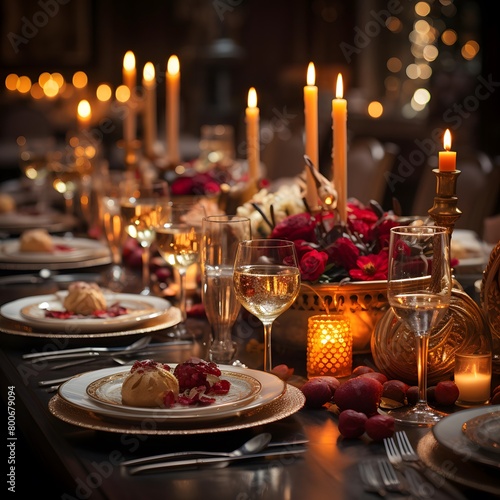 Festive table setting for wedding or another catered event dinner.