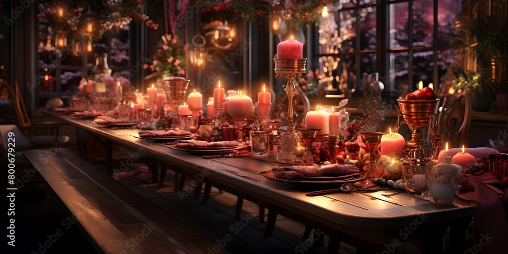 Christmas and New Year Eve dinner table with candles and cutlery