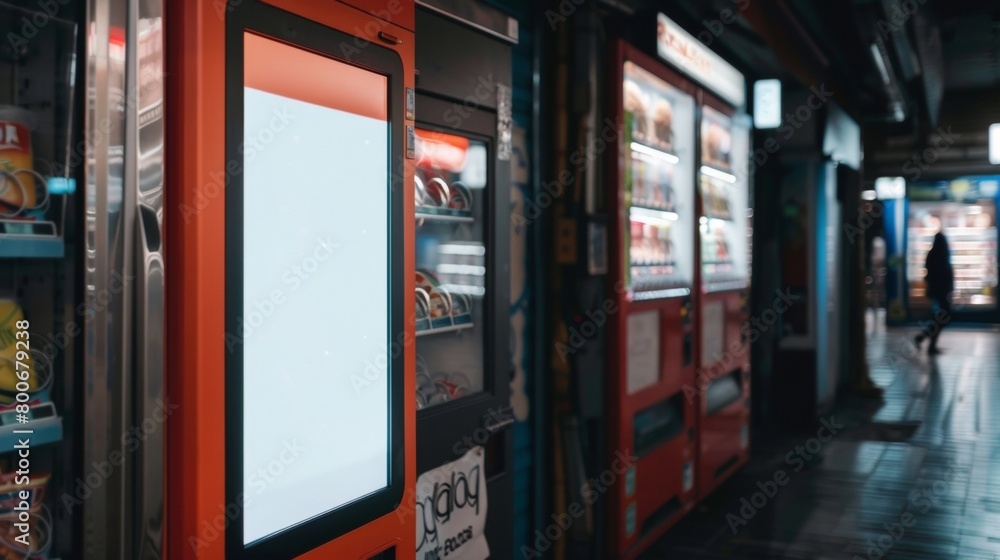 Blank mockup of a vending machine featuring a touch screen interface for easy ordering. . Blank mockup of a vending machine featuring a touch screen interface for easy ordering. .