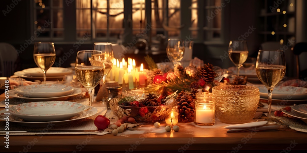 Festive table setting for Christmas and New Year. Selective focus. Holiday.