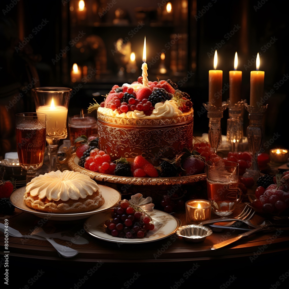 Wedding cake with berries and candles in a dark room.