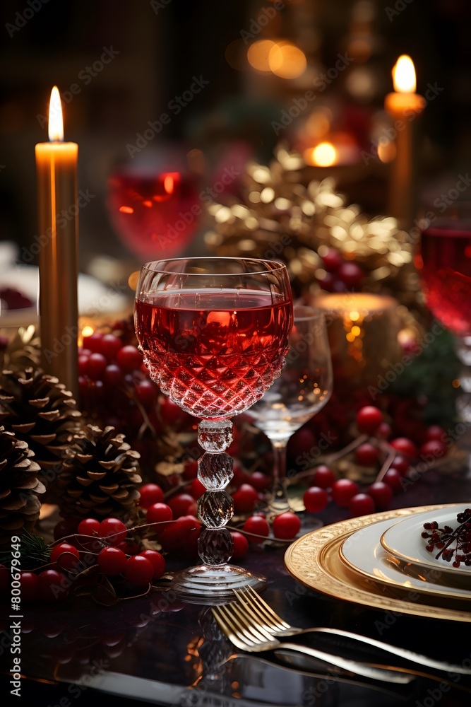 Christmas table setting with red wine, candles and decorations. Selective focus.