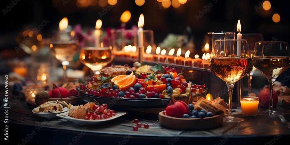 Festive table with food, wine and candles. Selective focus.