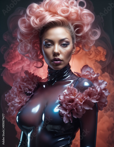 woman with pink hair and no clothes stands in front of a dark background. She wears a clear bodysuit with pink ruffles on her sleeves and gloves. photo