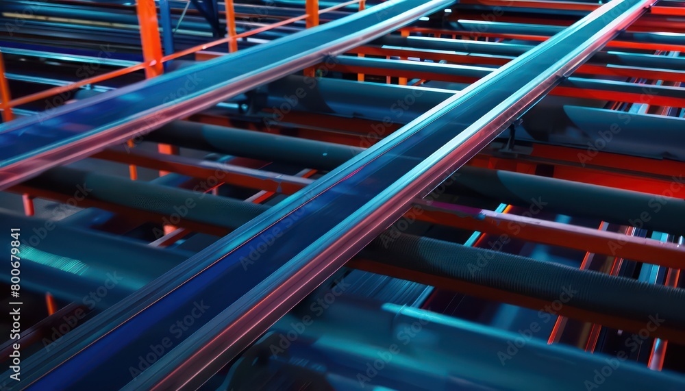 conveyor blue and red line in a warehouse, natural light, colourful, vibrant, high-energy imagery, long exposure, sunlight conveyor blue and red line in a warehouse, natural light, colourful, vibrant, high-energy imagery, long exposure, sunlight