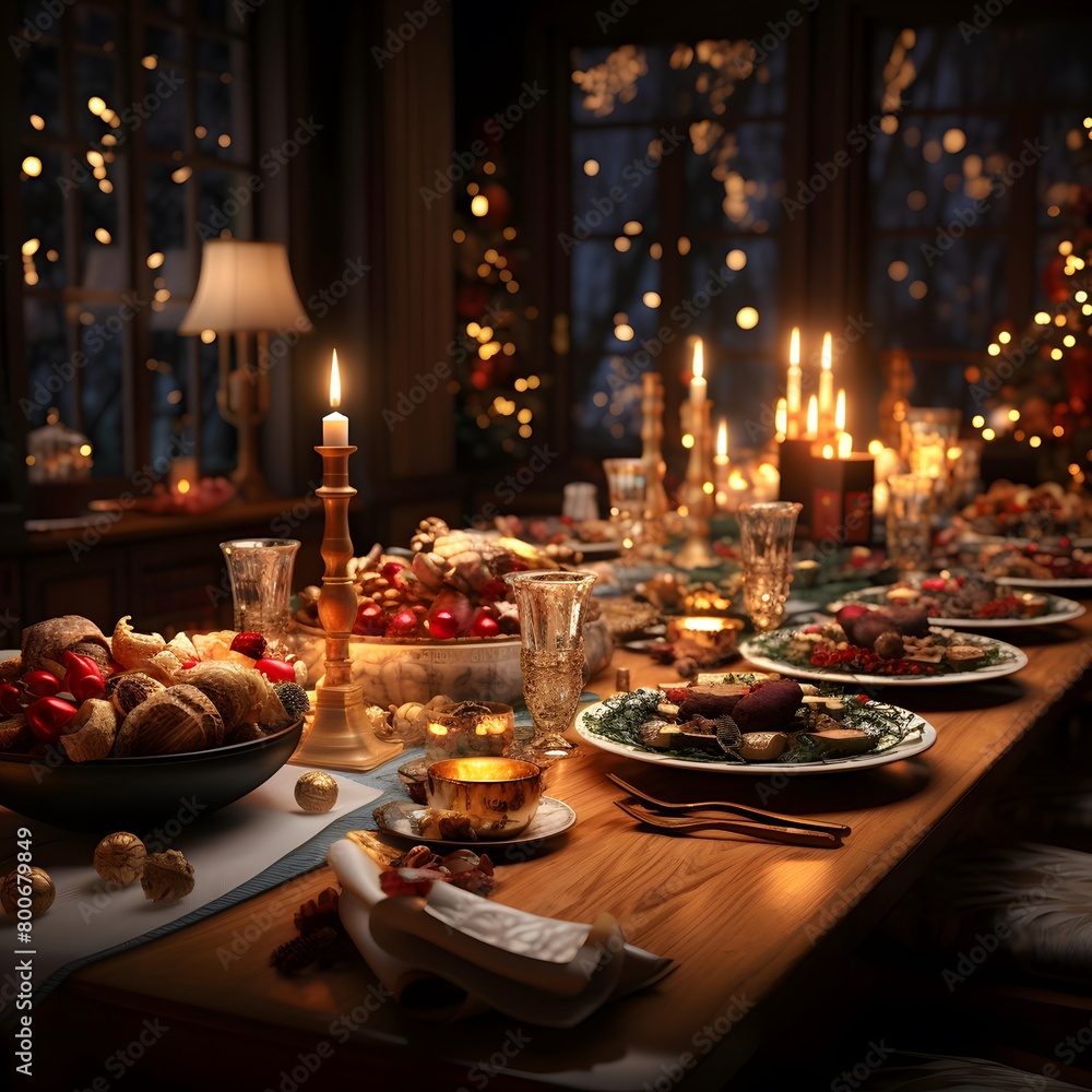 Christmas table with gifts and candles. Selective focus. Holiday.
