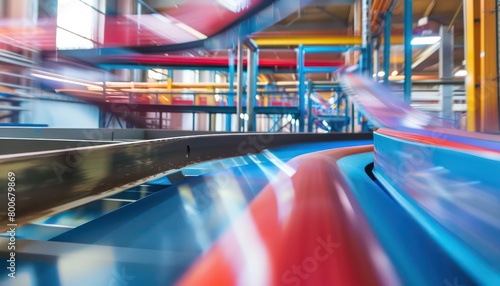 conveyor blue and red line in a warehouse  natural light  colourful  vibrant  high-energy imagery  long exposure  sunlight