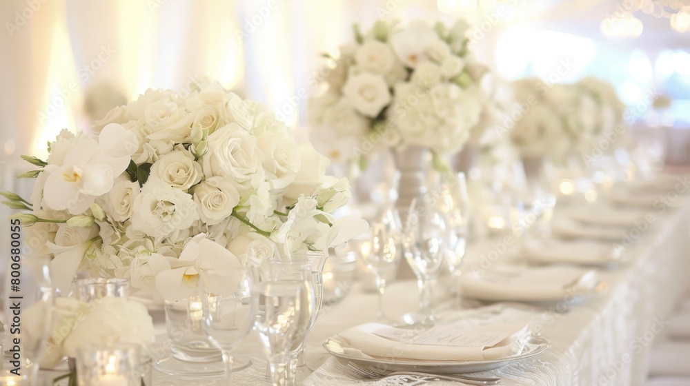 Elegant White Floral Centerpieces at Wedding Reception Elegant White Floral Centerpieces at Wedding Reception