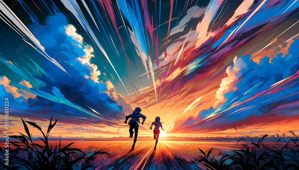 Fototapeta premium anime boy and girl running from behind lighting