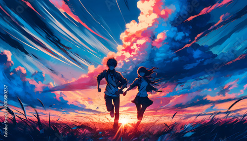 anime boy and girl running from behind lighting
