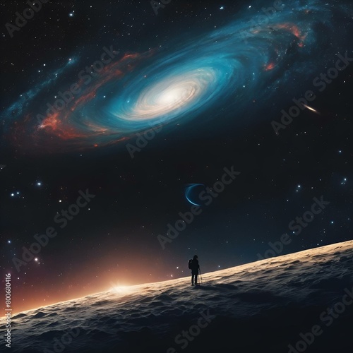 a man standing on top of a snow covered slope under a galaxy
