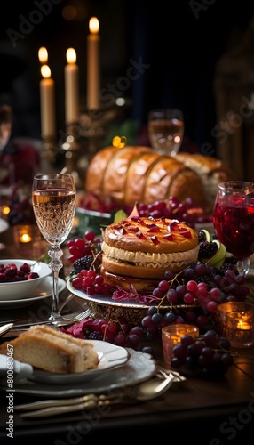 Thanksgiving table setting with pumpkins, cranberries, bread and wine