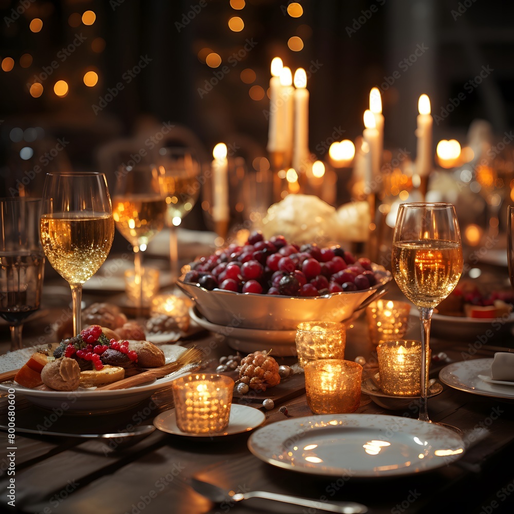 Festive table setting for Christmas and New Year celebration. Festive table decoration with candles, wine glasses and fresh berries.