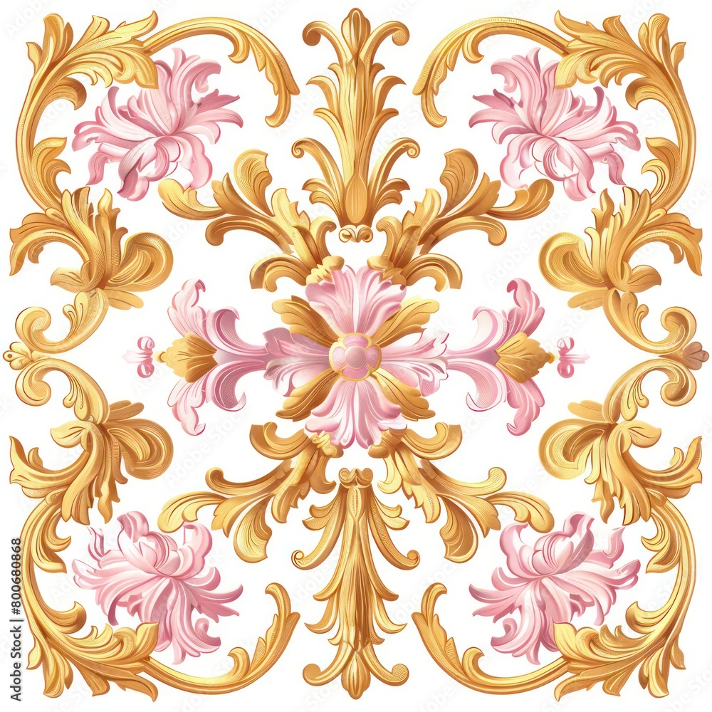 baroque ornament gold and pink plain white background