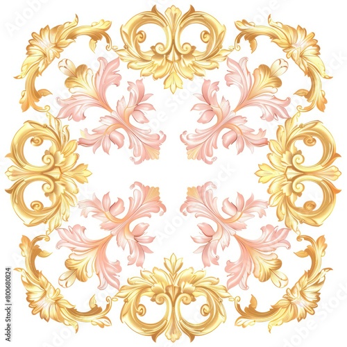 baroque ornament gold and pink plain white background