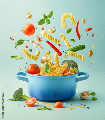 A blue pot with pasta and vegetables flying out of it on pastel background. Creative colorful food concept. 