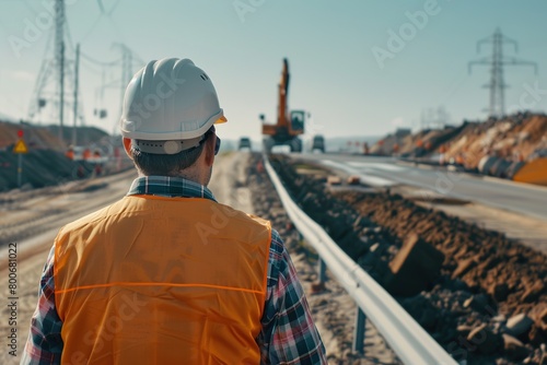 Civil engineer supervising road construction. Construction project. Road construction. Crews working on the road. White hard hat and vest. The motorway construction