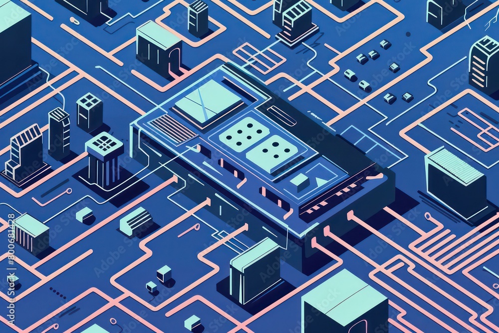minimalist circuit board with tiny monopoly townhouses the style is flat and minimalistic with simple shapes and limited colors minimalist circuit board with tiny monopoly townhouses the style is flat and minimalistic with simple shapes and limited colors