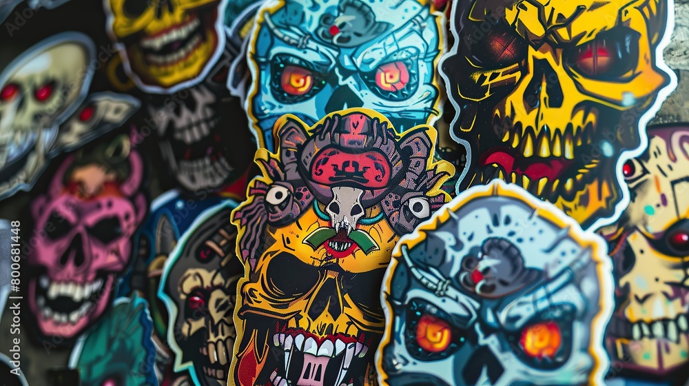 multiple awesome design worn colorful angry monster Skulls and bone stickers on top of each other, Street art style