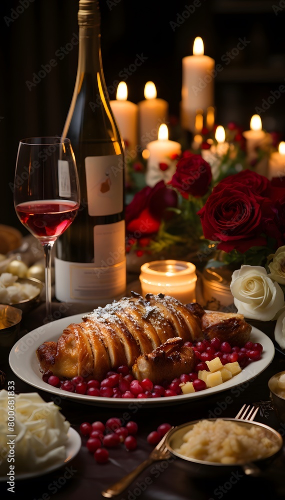 Festive table setting for Valentine's Day with a turkey, wine and candles