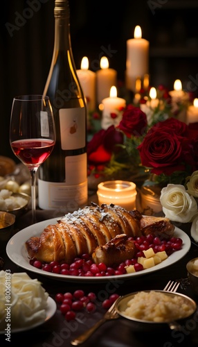 Festive table setting for Valentine s Day with a turkey  wine and candles
