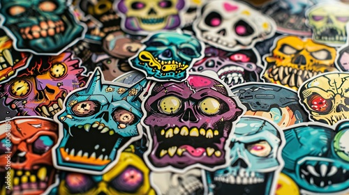 multiple awesome design worn colorful angry monster Skulls and bone stickers on top of each other  Street art style