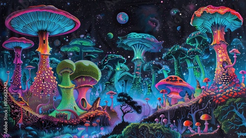 Mushroom Forest: The focal point of the tapestry should be a lush forest of towering mushrooms. These mushrooms should be depicted as if they are the size of trees
