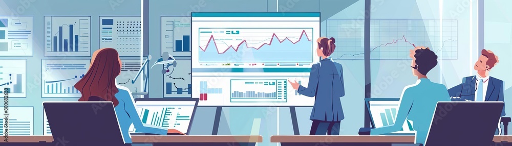 Finance team discussing risk assessment, digital graphs on screen, welllit boardroom, wide shot, clear focus Finance team discussing risk assessment, digital graphs on screen, welllit boardroom, wide shot, clear focus