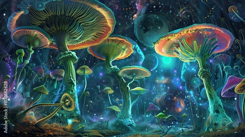 Mushroom Forest: The focal point of the tapestry should be a lush forest of towering mushrooms. These mushrooms should be depicted as if they are the size of trees