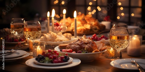 Festive table with food and wine. Celebration of Christmas and New Year