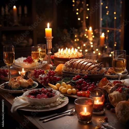 Festive table with a variety of food, wine and desserts.