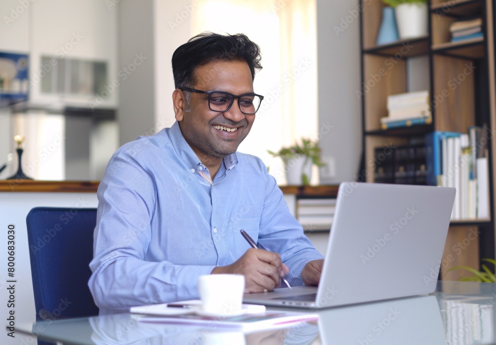 an indian man in his late thirties working on his laptop an indian man in his late thirties working on his laptop