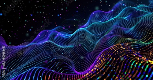energetic neon blue, purple and green dots in wavy motion