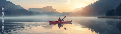 Kayak gliding through misty mountain lake at dawn, serene and isolated, soft light, wide shot photo