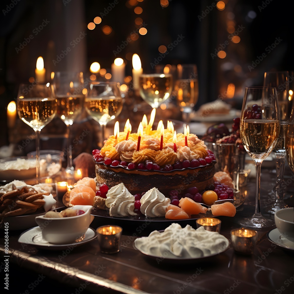 Table set for a festive dinner in a restaurant with candles in the foreground