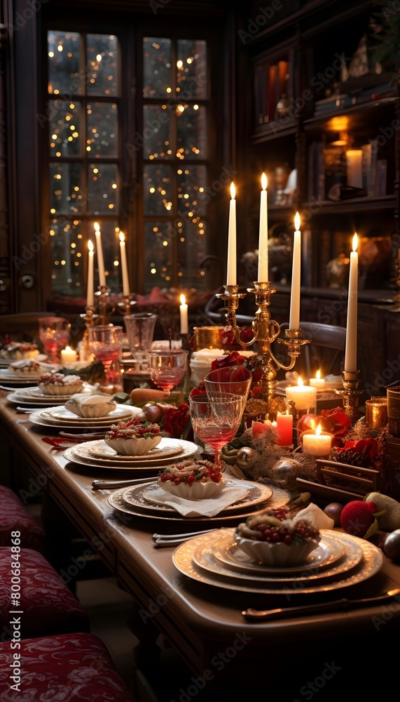 Luxury christmas table with candles and decorations in the dark